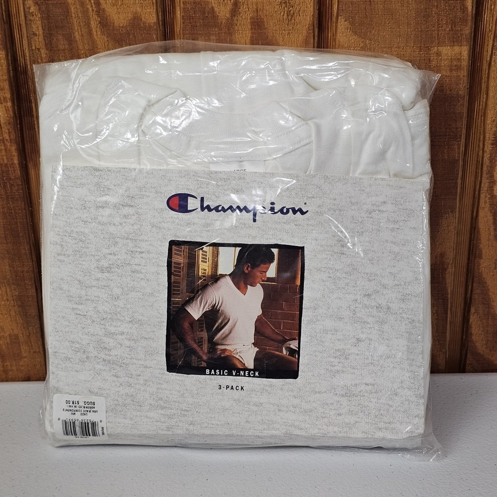 Vtg Champion Men's Large 3 Pack Basic V-Neck T-Shirt Tee Undershirt NOS 1996